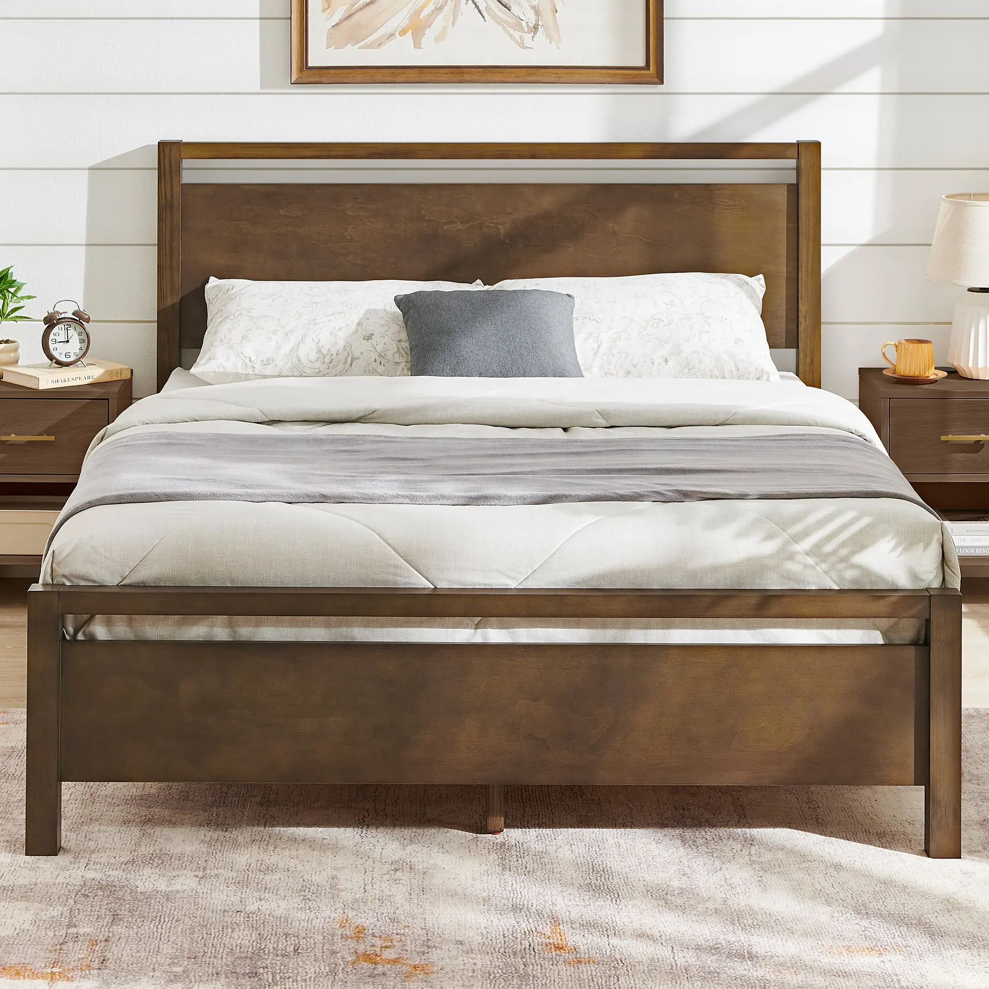 AMERLIFE Solid Wood Bed Frame with Headboard, Minimalist Platform Bed with Wooden Slats Support/No Box Spring Needed/Easy Assembly/Noise-Free