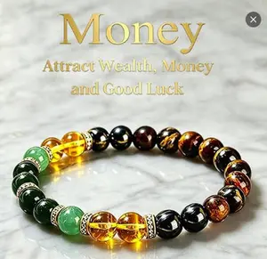 KROAFA Natural Stone Bead Ankle Bracelet - Elastic Stretchable Lucky Charm with Black Agate, Tiger's Eye, Green Dongling Jade, Yellow Crystal for Wealth and Prosperity
