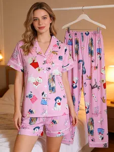 3-Piece Cartoon Dog Print Women's Pajama Set, Casual Fitted Sleepwear, Long Sleeve Shirt, Elastic Pants, All Seasons Comfortable