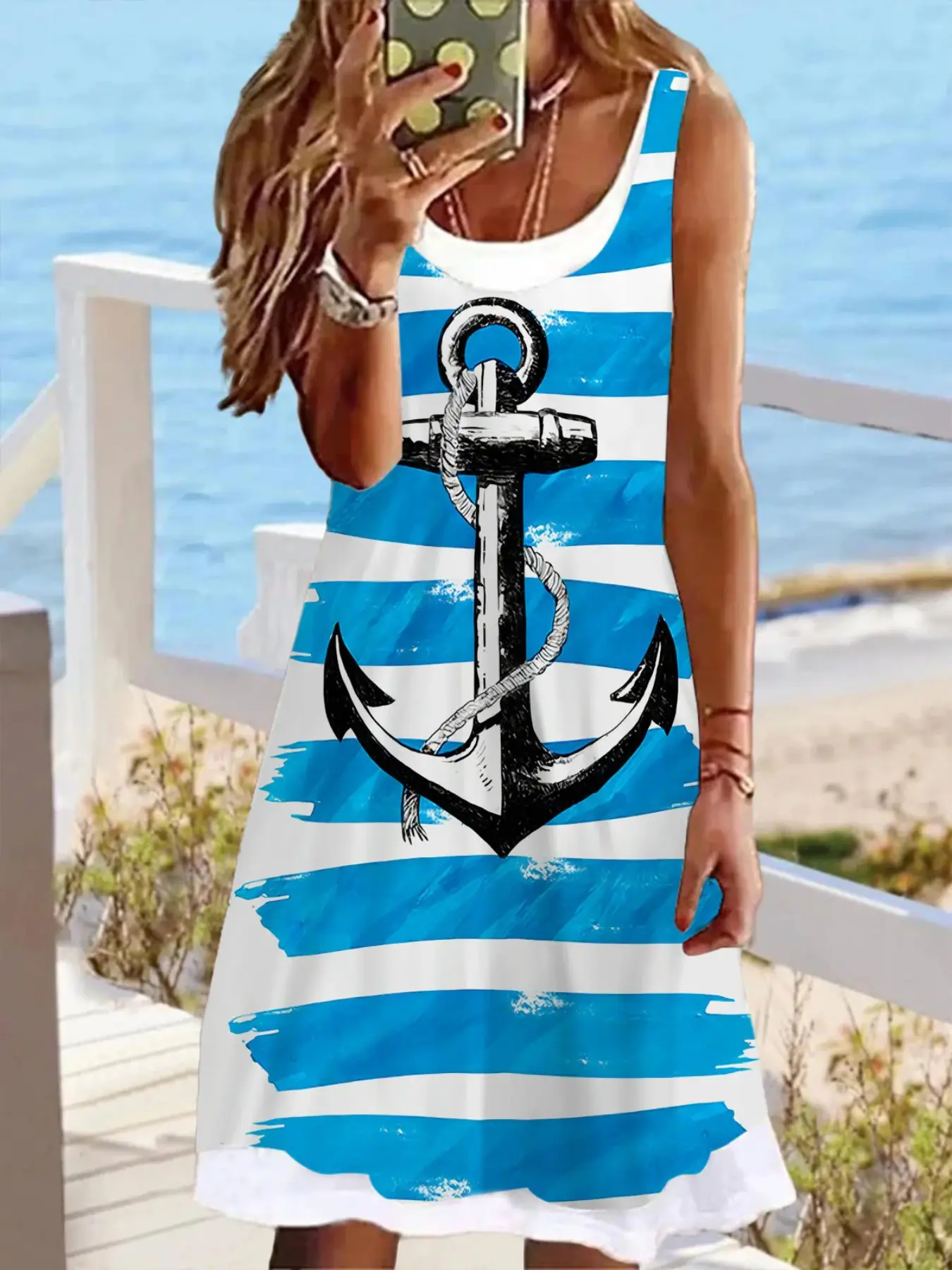 Plus Size Boho Dress, Women's Dragonfly Anchor Print Round Neck Loose Fit Tank Dress, Beachwear, Perfect for Beach or Casual Outing, Ladies' Fashion
