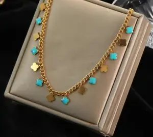 N266- Blue Stone Beaded Gold 18K Gold Necklace!
