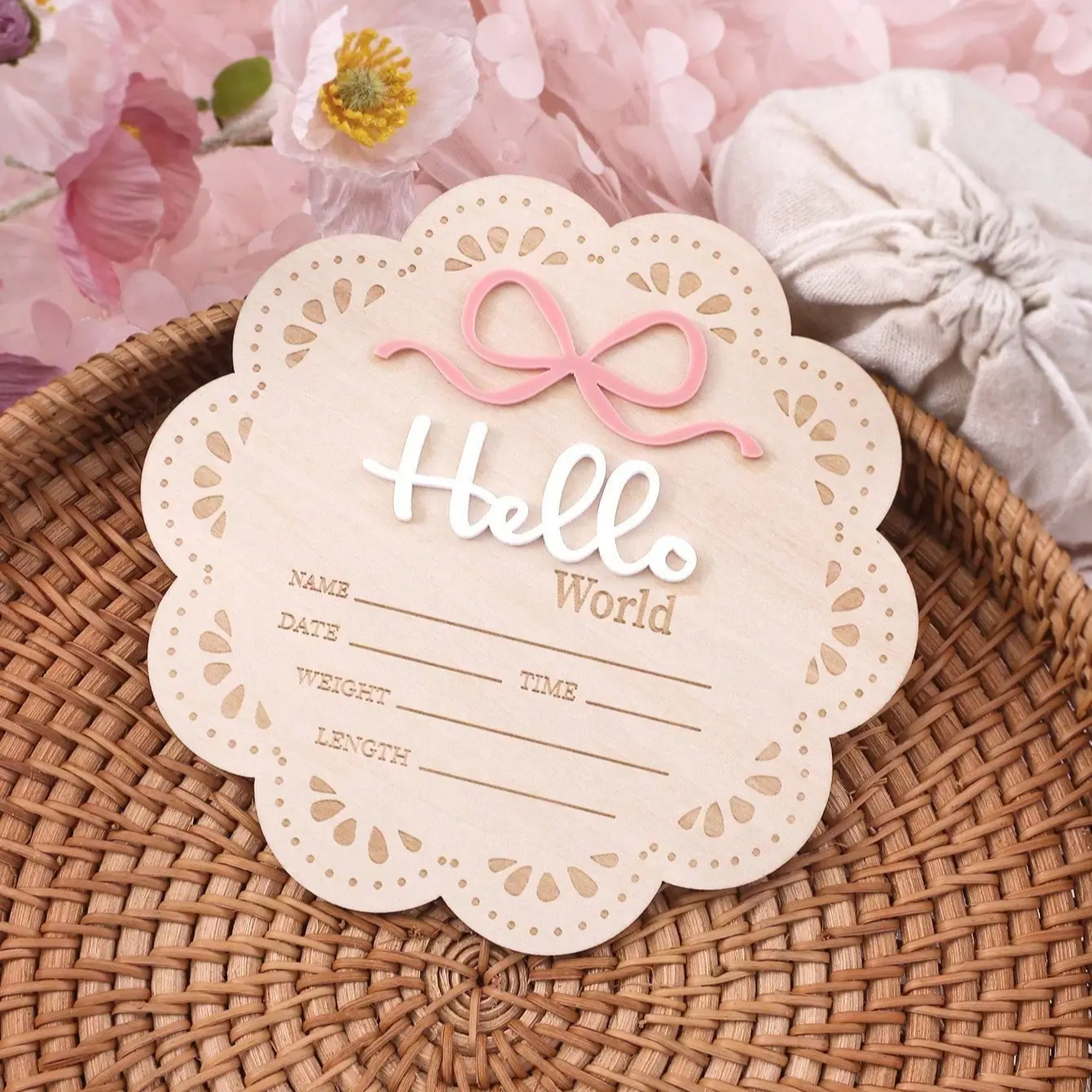 Bow Shape Baby Birth Announcement Board, Hello World Newborn Photography Prop, Wooden Baby Name Plate, Infant Party Decoration, Wooden Letter Sign, Decorating