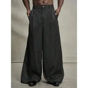 Men's Retro Striped Wide Leg Pants, Comfortable Casual Loose Fit, All Season Woven Fabric, Button Fly Closure, Trendy Menswear