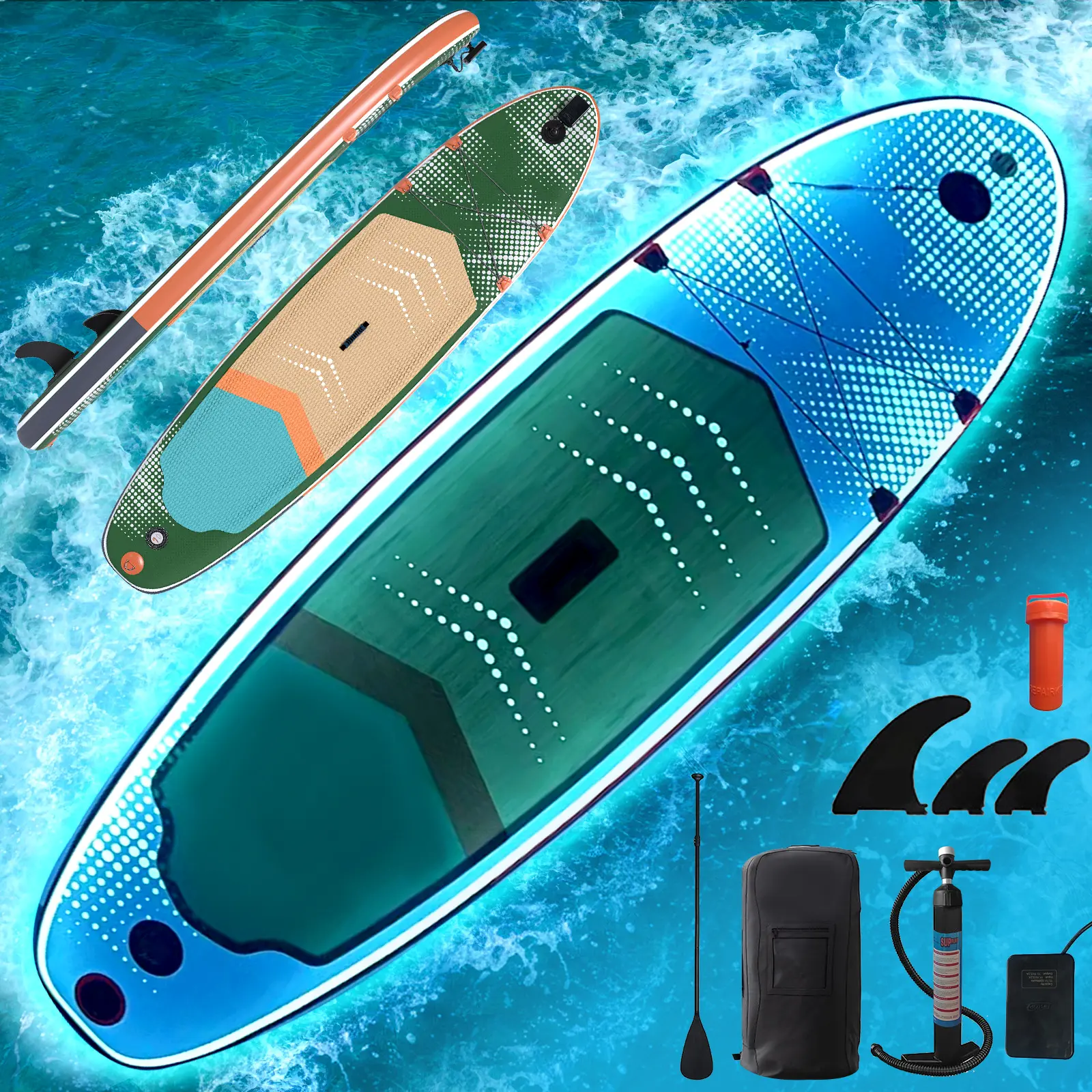 Bezliving 7-Color LED 10.6" Inflatable Paddle Board with SUP Accessories, Stable Wide Design Stand Up Board, Non-Slip Deck, Durable PVC Material for Youth & Adults