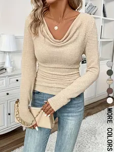 Elegant Women's Slim-Fit Long Sleeve T-Shirt, Plain Pattern Casual Top for Spring & Fall, Lady Comfortable Thin Knit Fabric Daily Everyday Wear