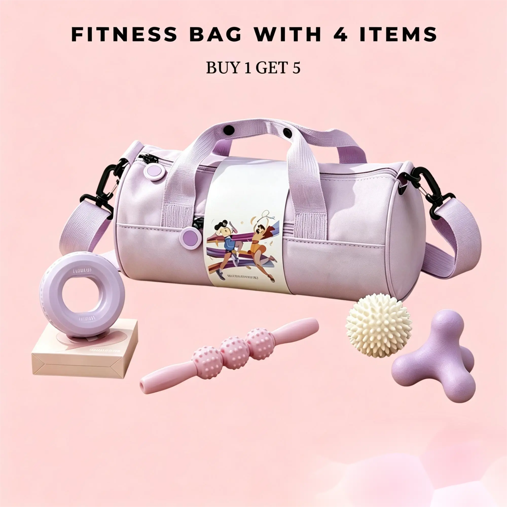 Yoga & Fitness Bundle - Premium 5-Piece Set Including Grip Circle,Triple Roller Massage Stick,Foam Roller,Hedgehog Ball,Storage Bag,Complete Home Workout Essentials Set for Women