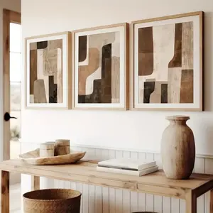 3 Pieces Optional Wooden Frame Brown Beige Canvas Painting Neutral Abstract Wall Art Print Bohemian Style Poster Modern Living Room Home Decor Wall Decor Frame Decor Style Artwork Abstract Pattern Print