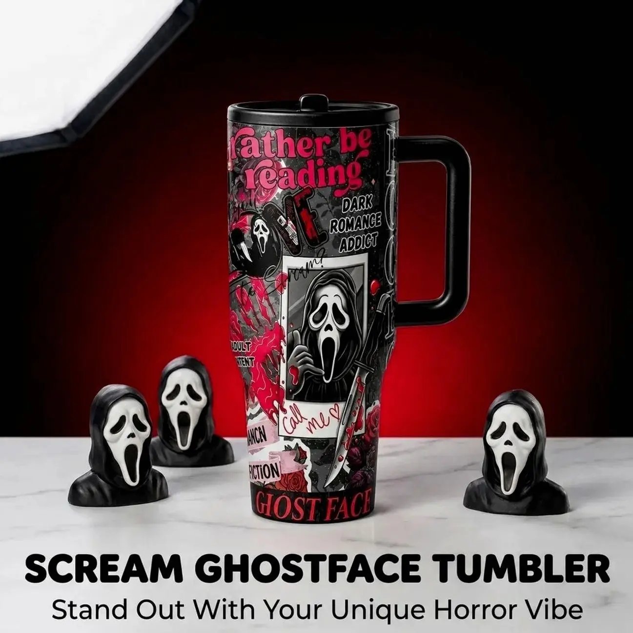 1pc 40oz Scream Ghostface Dark Romance Reading Tumbler with Handle, Leakproof Lid and Straw, Double Wall Vacuum Insulated Stainless Steel Cup Drinkware, Keeps Hot 12H Cold 24H