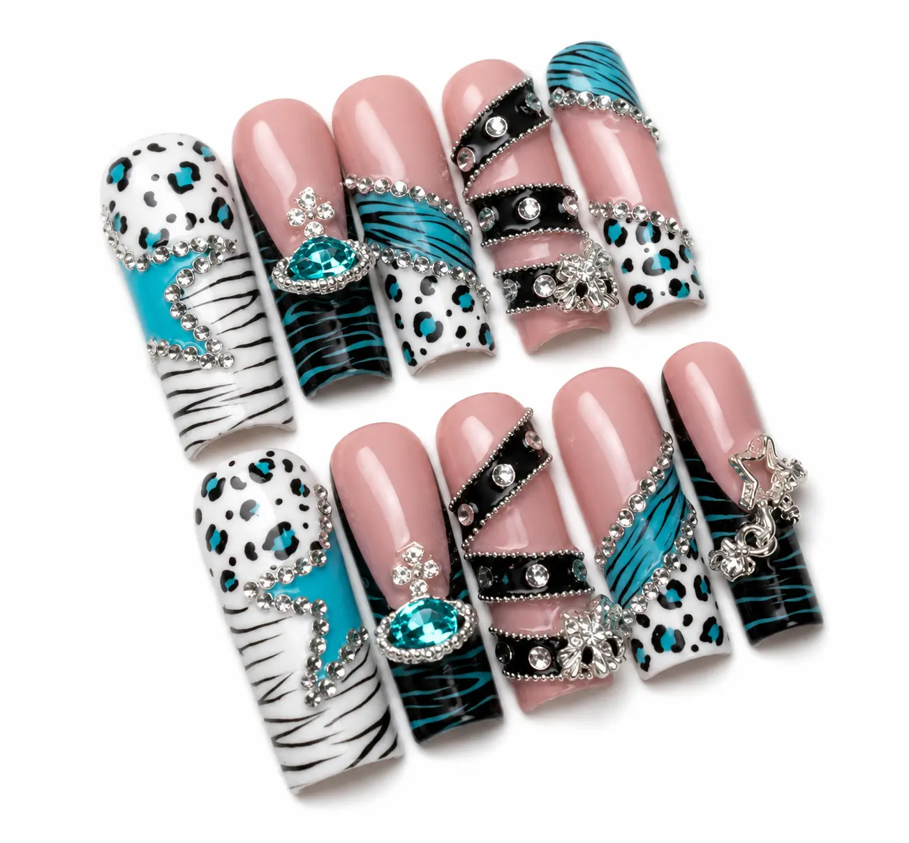 [ SUPER SALE 50% ] Teal Leopard & Zebra Press-On Nails, Crystal Rhinestone 3D Nail Set, Medium Square Glam Acrylic Nails, Animal Print Statement Fake Nails for Women