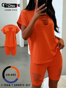 Women's Sexy Hollow Out T-Shirt and Shorts Set, Soft High Stretch Fabric, Casual Slim Fit, Short Sleeve, Plain Pattern, Two Piece, Outfit