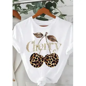 Women's Cherry & Leopard Print Round Neck Graphic Tee, Vintage Trendy Casual Short Sleeve T-shirt for Daily Wear, Ladies All Seasons Outfit, Top, Womenswear