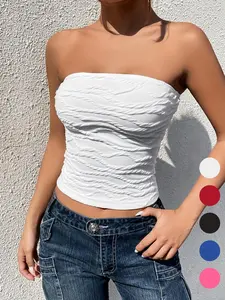 Women's Plain Textured Crop Tube Top, Casual Sleeveless Strapless Top for Summer, Ladies Clothes for Daily Wear