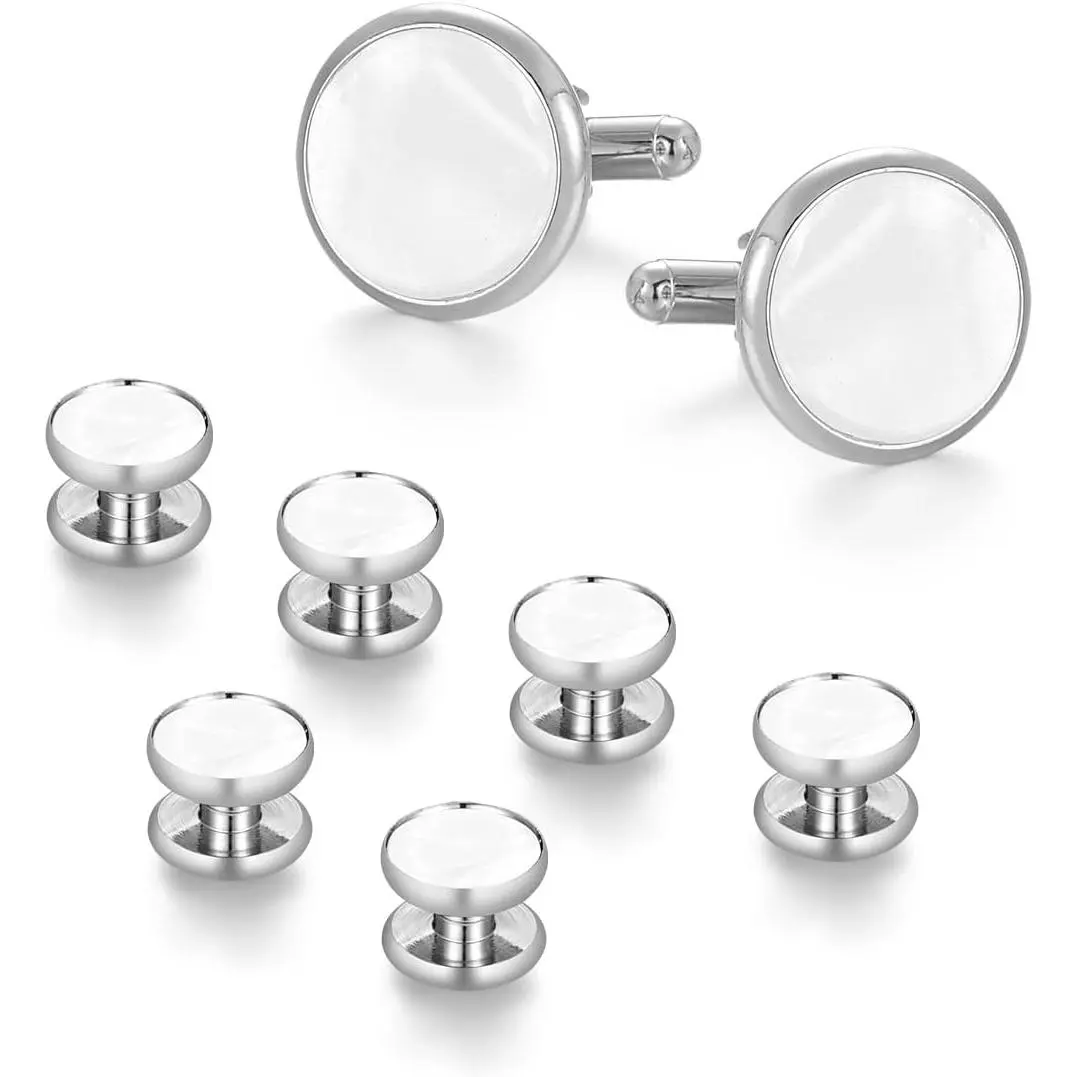 Mens Classic Shirts Cufflink Studs, Mother-of-Pearl Tuxedo Shirt Button and Cuff Links Set, Formal Business Wedding Jewelry