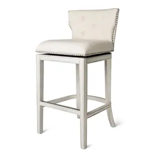 Hugo Bar Stool in Cream Finish and Cream Fabric Upholstery