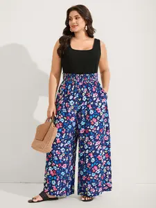 BLOOMCHIC Plus Size Polyester Fabric Overalls - Floral Color-Contrast Shirred Jumpsuit with Pocket, Smooth Sleeve, Garment-Fit, Sizes, [M-6X]2026 Summer Vibes Fit Womenswear
