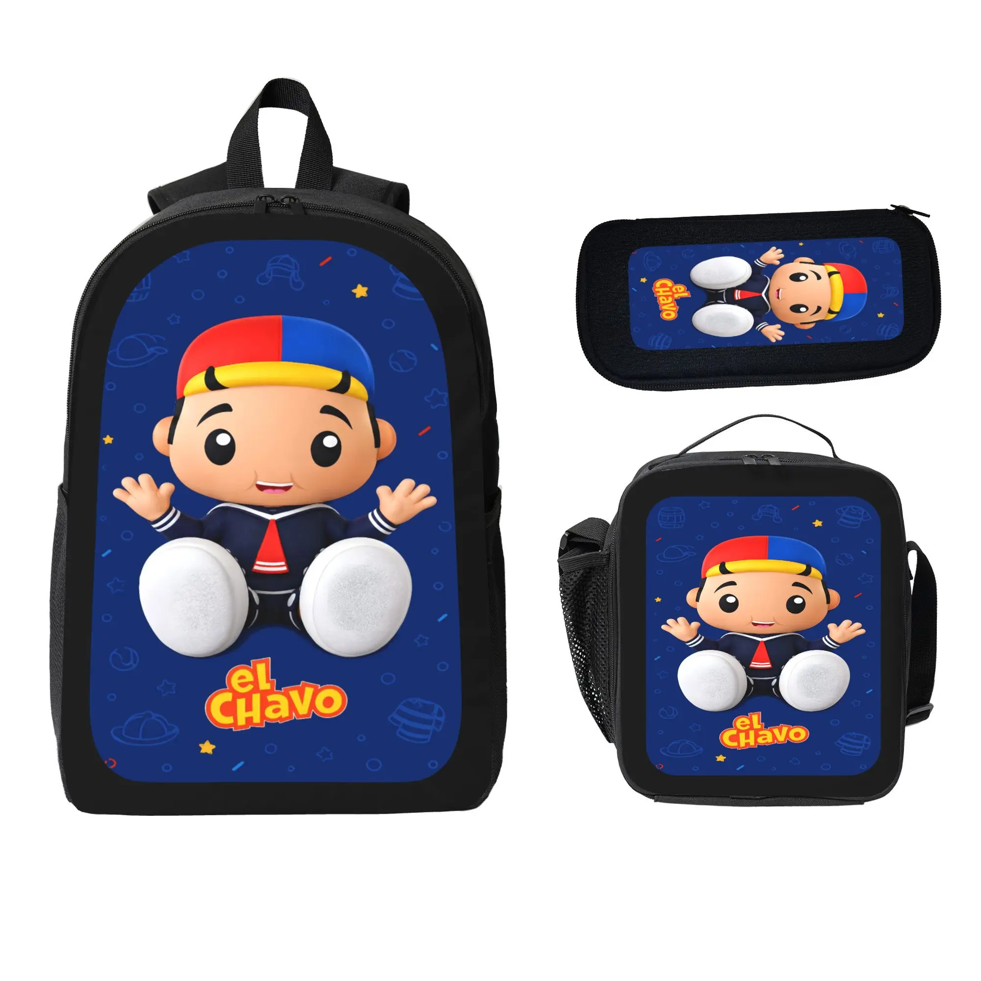 Fashion El Chavo Backpack Large Capacity Commuter Bag Cartoon Casual Backpack Set 3 pc Backpack Lunch Bag Pencil Case Laptop Daypack Travel School Bag Unisex Durable Back To School Gift Summer Backpack Set-2D