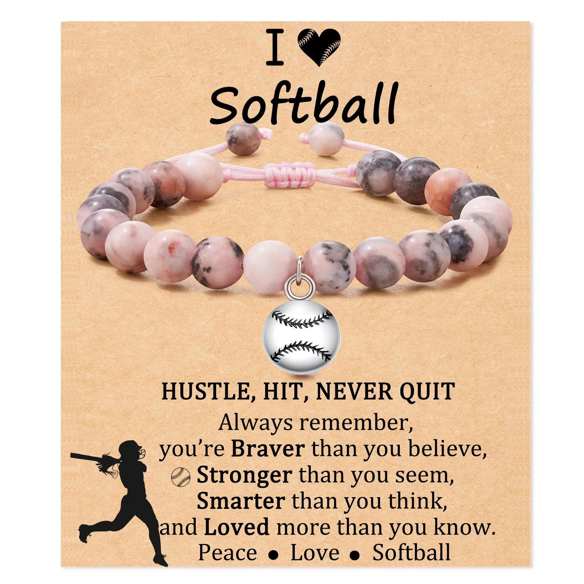 Softball Charm Bracelet for Girls, Handmade 8mm Natural Stone Beaded Jewelry with Adjustable Sliding Knot, Fashion Accessories Gift for Players, Jewelry Gift