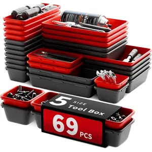 5 Sizes 69 PCS Black Red Tool Drawer Organizer Desk Tray Rolling Chest Toolbox