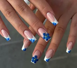 White French Square Press On Nails with Blue 3D Flower Design, Elegant Handmade Chic Nail Set, Classy Floral Nails for Everyday Style, Gift