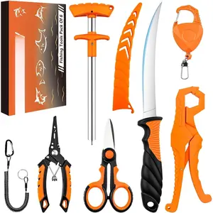 Fishing Gear Accessories Kit - Stainless Steel Fishing Pliers, Fish Fillet Knife, Hook Remover, Braid Scissors, Fish Lip Gripper, Tool Retractor, Lanyard - Gifts for Men Saltwater Fly Ice Fishing