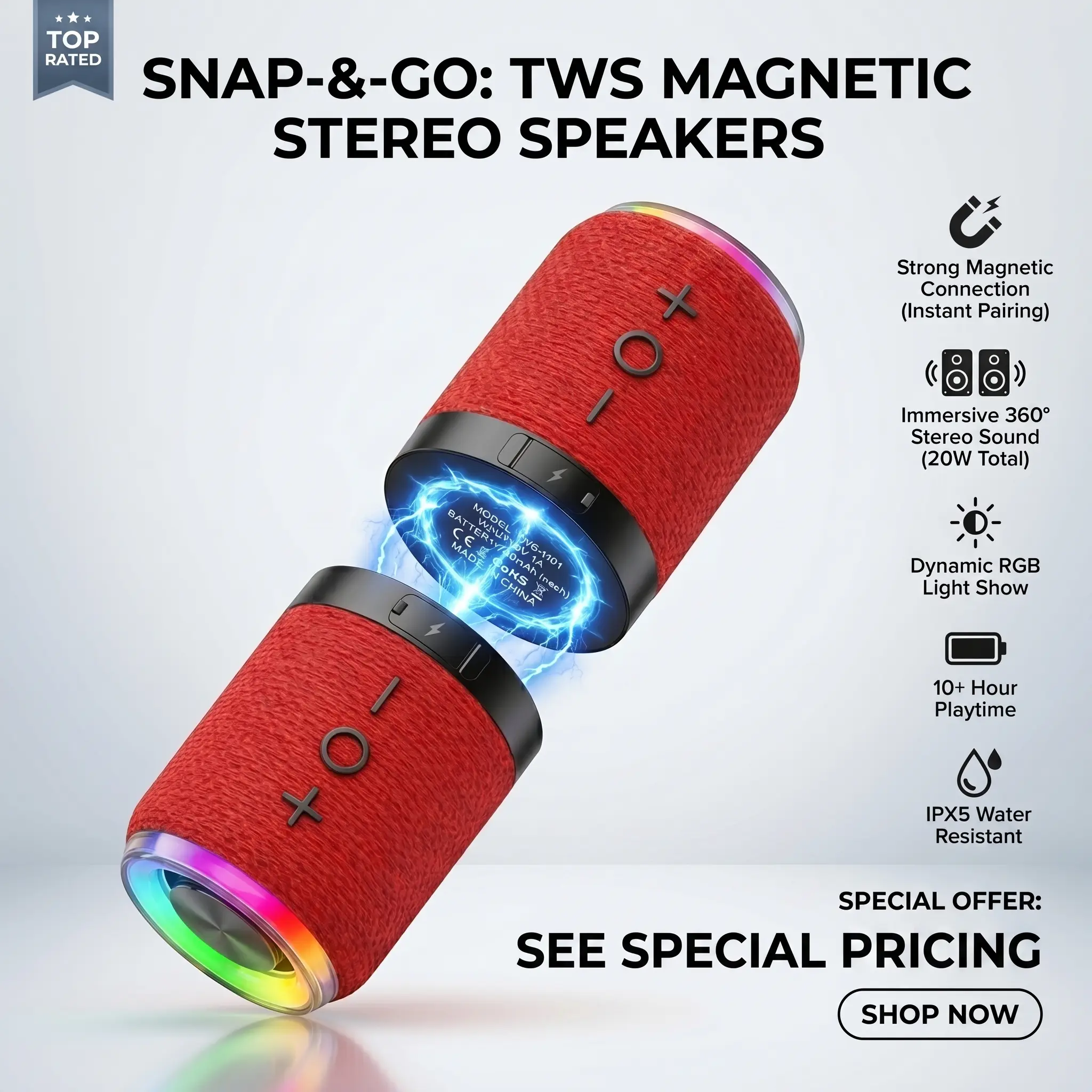 Splittable Magnetic Bluetooth Speaker, 2-in-1 Waterproof Portable Wireless Speaker, 20W Loud Stereo Sound V5.4 for Home Entertainment Outdoor Travel