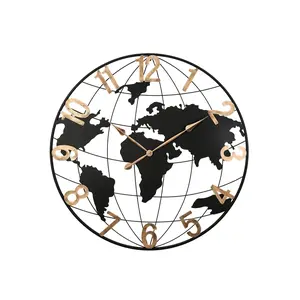 36 Inch Large Black Metal Wall Clock, Modern Silent World Map Wall Clock with Vintage Gold Arabic Numeral, Decorative for Living Room, Entryway, Dinning Room, Bedroom
