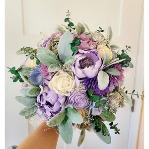 Purple Wooden Flower Bouquet, Shades of Purple Flowers, Spring Bridal Bouquet