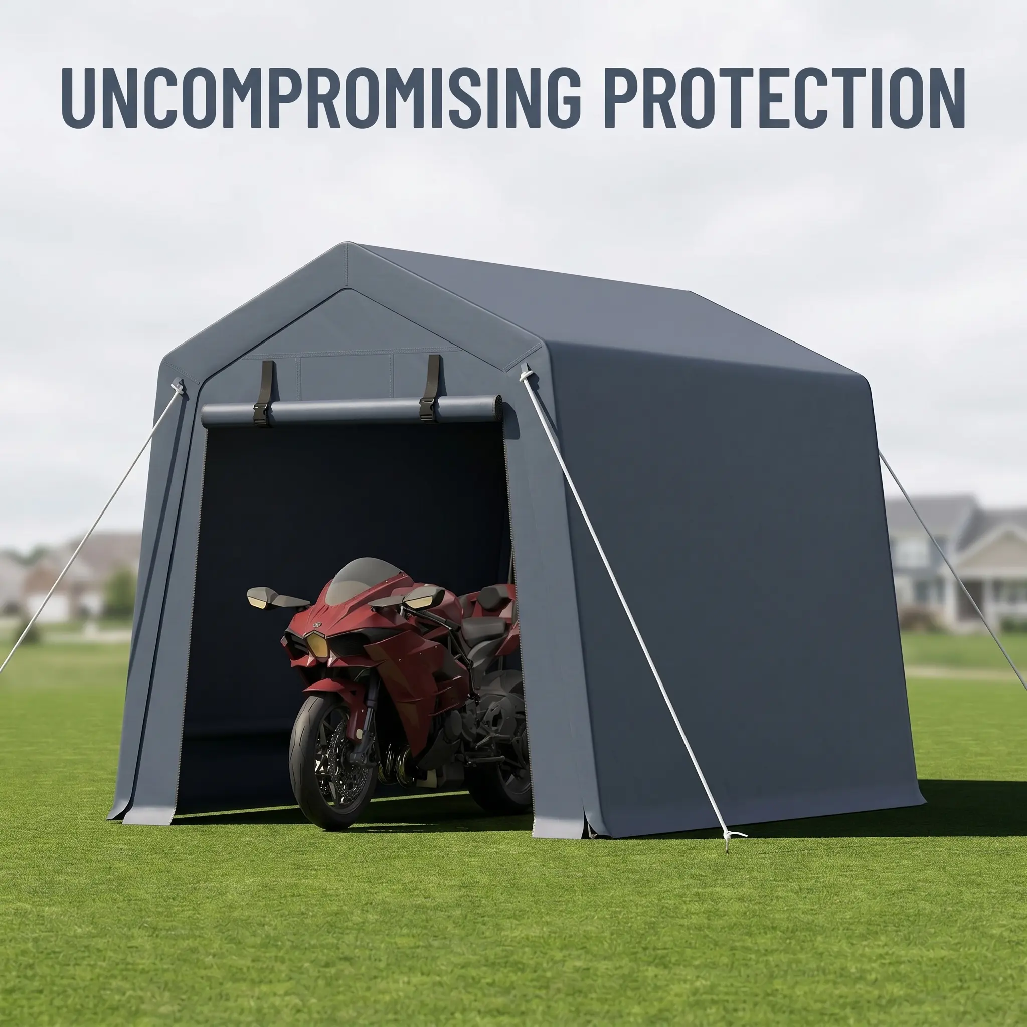 YJ-Garvee 6'x8' Outdoor Portable Garage, Waterproof & UV-Resistant Storage Shed with 2 Roll-Up Doors, Carport Tent for Motorcycle, Bike, and Tools, Gray