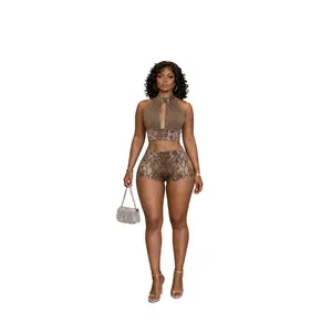 Pretty Python Snake Print Halter Crop Top & High-Waist Shorts Set – Backless Two Piece Outfit