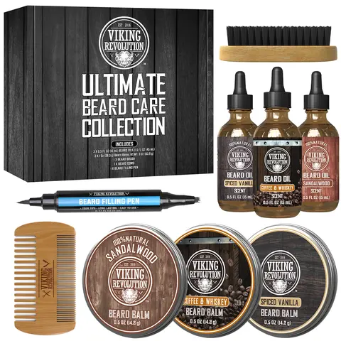 Viking Revolution Ultimate Beard Care Collection - Includes Oil, Balm, Filling Pen, Brush & Comb - Natural Ingredients - Sandalwood Spiced Vanilla Coffee & Whiskey Scents