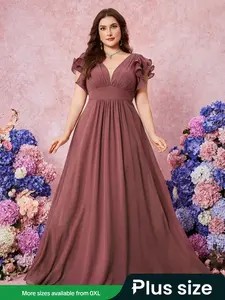 Deep V Neck Backless Elegant Dress with Lace Sleeves, Waist Cinching, Fitted & Gathered Design, Perfect Formal Bridesmaid Gown for Special Occasions