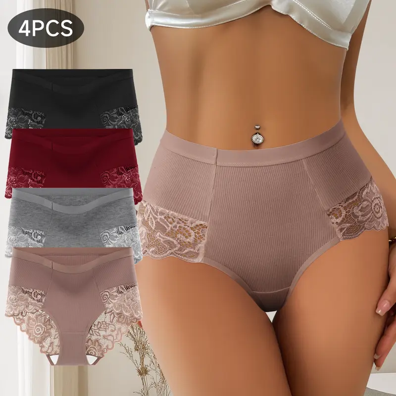 Women's 4-Pack High-Waist Shaping Briefs - Double-Sided Lace Panels, Tummy-Slimming, Butt-Lifting, Breathable, Corset-Inspired Spandex Underwear, Everyday Chic Cheeky Patchwork Basics 1375