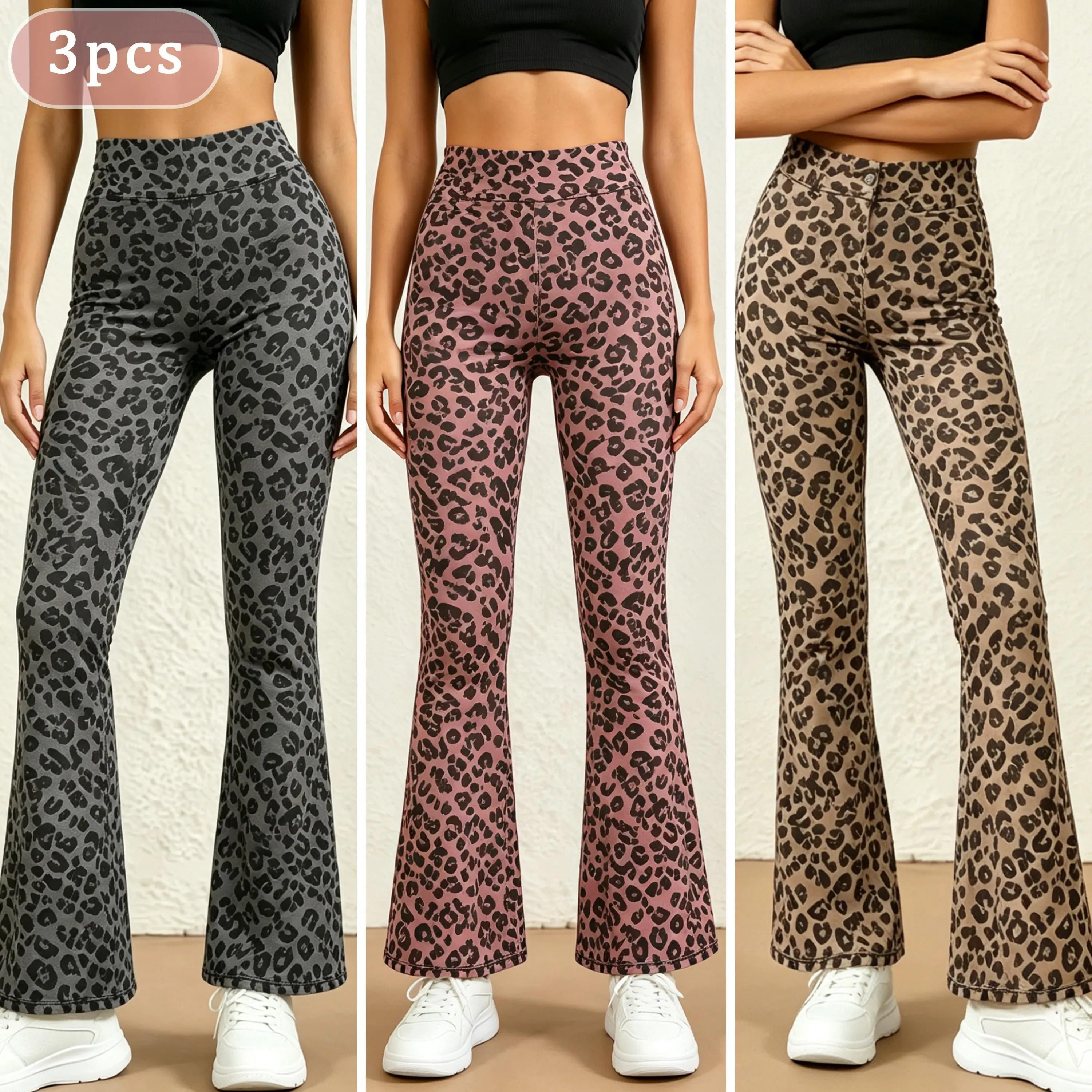 Women's 3-Pack Leggings, Buttery Soft High-Waisted Pants with Tummy Control, Leopard Graphic Tight Fit for Gym & Maternity