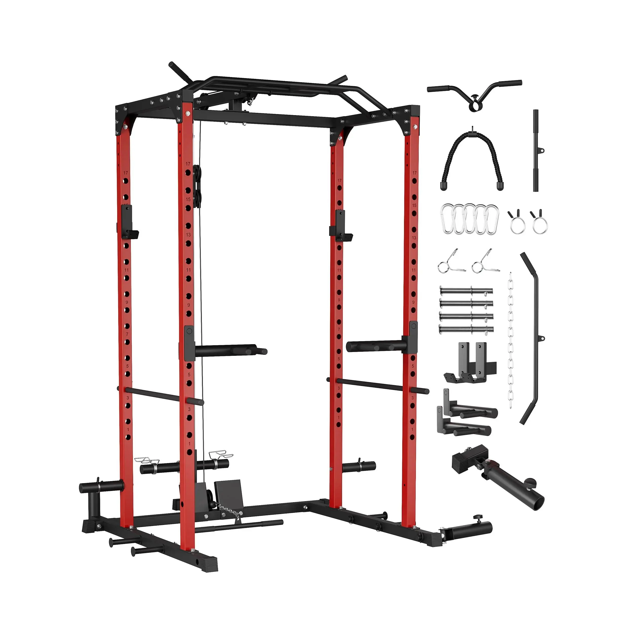 Power Cage, Multi-Functional Squat Rack with Pulley System and Dip Handles, 1200 Lbs Capacity Power Racks for Home Gym with More Training Attachments for Strength Workout