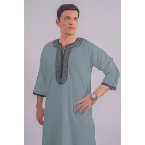 Embroidered Moroccan Thobe - Dusty Blue