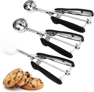 Cookie Scoop Set - 3Pcs Ice Cream Scoop, 18/8 Stainless Steel Cookie Scooper with Trigger Release, Non-Slip Grip Kitchen Utensils Spoon
