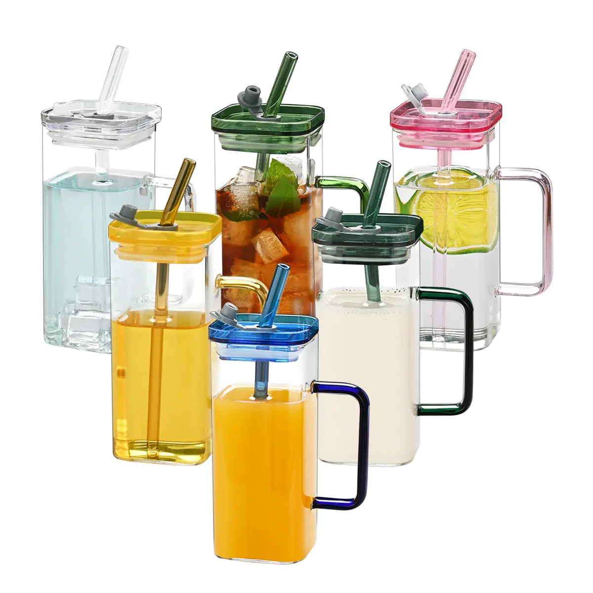 6-piece set 12 oz Colored Glass Tumbler with Straw & Lid, Reusable Square Glass Cup for Iced Coffee, Tea & Water, Cute Gift for Women & Coffee Lovers