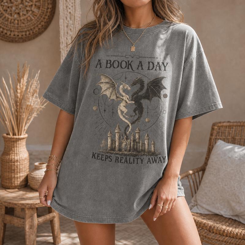 Fantasy Reader Dragon Graphic Tee for Women, Washed Cotton Oversized Book Lover Shirt S-5XL