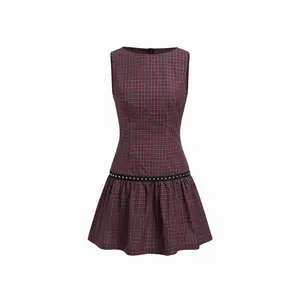 Cider 100% Cotton Round Neck Plaid Studded A-line Mini Dress