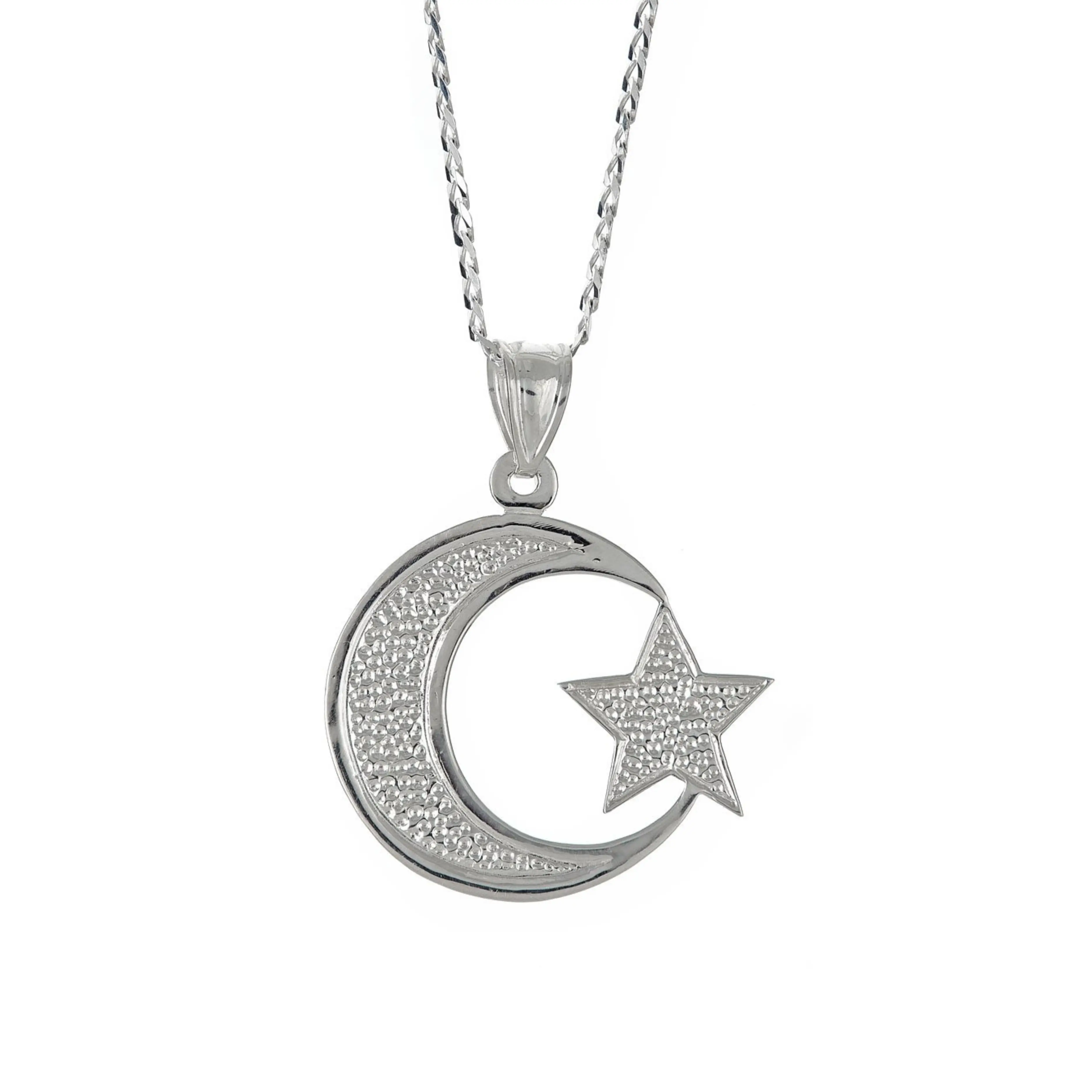 Better Jewelry .925 Sterling Silver Textured Muslim Crescent Moon + Star Sky Pendant with Cuban Link Chain, 2 Sizes, for Adults, Made in USA Silver Necklace, Two Sizes