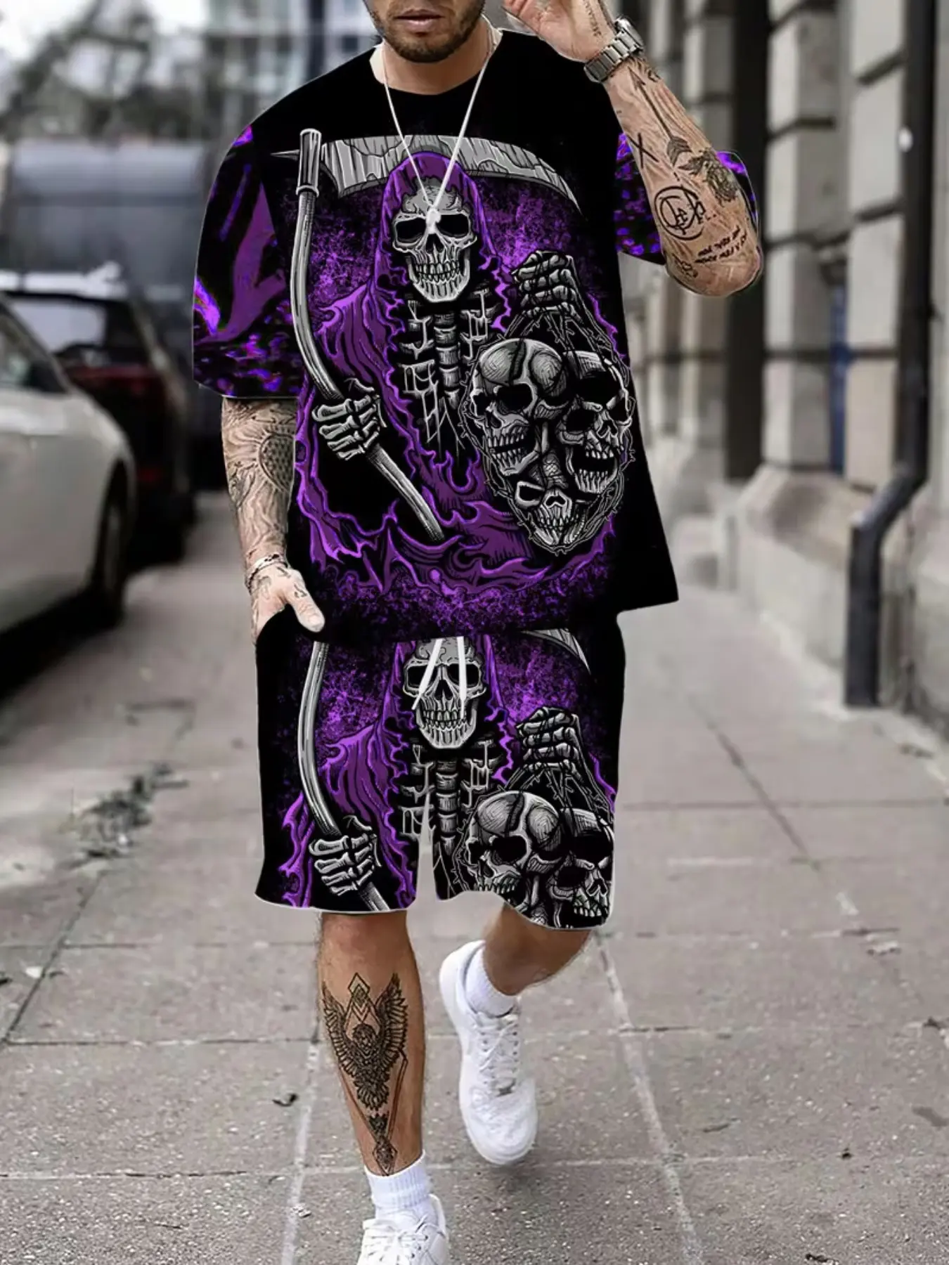 Men's Trendy Fashion Skull Print Short Sleeve T-Shirt and Track Shorts Set, Menswear Summer Casual Athletic Sporty Loose Fit Two-Piece Outfit Clothes