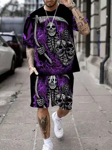Men's Trendy Skull Print Short Sleeve T-Shirt and Track Shorts Set, Menswear Summer Casual Athletic Sporty Loose Fit Two-Piece Outfit