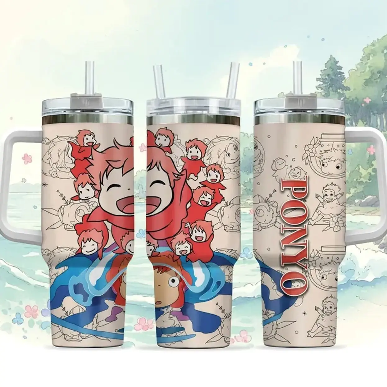 40oz Cute Ponyo Tumbler with Handle and Straw | Studio Ghibli Inspired Stainless Steel Travel Mug | Kawaii Anime Water Bottle, Gift for Her