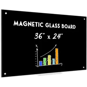 Black Dry Erase Board, 36" x 24"  Glass Whiteboard for Wall, Black Glass White Board with 1 Marker Tray and 3  for Office, , Classroom