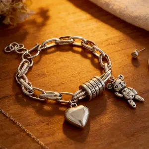 Vintage Silver Heart Teddy Bear Charm Bracelet, Y2K Grunge Link Chain Jewelry, Adjustable Unisex Bracelet, Lightweight Daily Wear Streetwear Accessory, Fashion Gift for Birthday Anniversary Holidays & Christmas Decor Theme