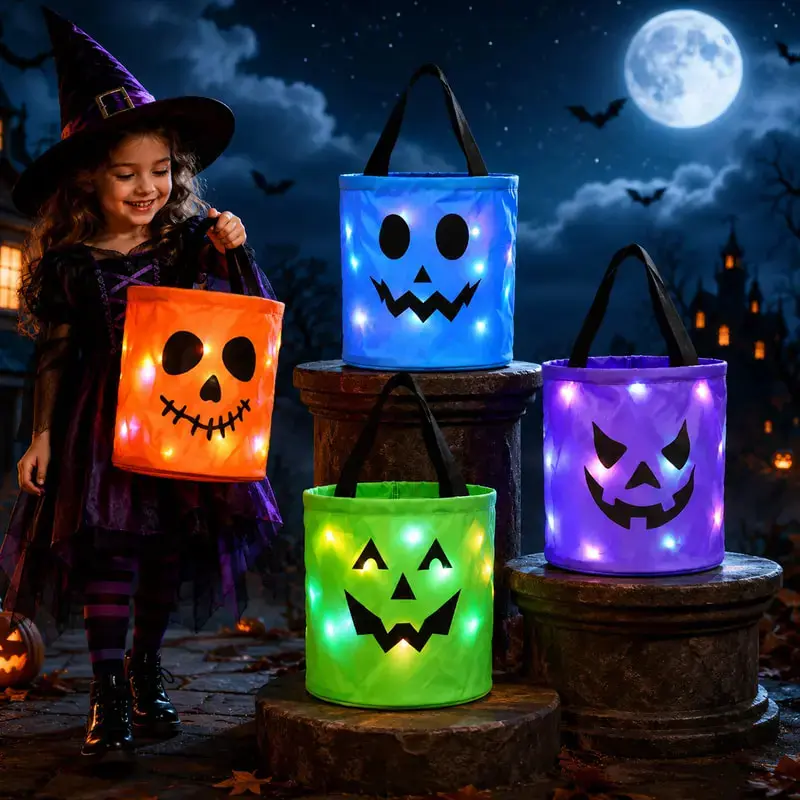 Halloween Candy Bucket with LED Lights Non Woven Gift Bags Trick or Treat Bags Pumpkin Candy Bags Reusable Tote Bags for Kids Students Adults, Night Light Bags for Home Garden Lawn Decorations, Halloween Birthday Christmas Party Favor Supplies