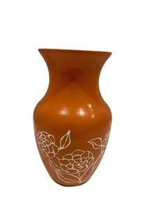 Orange Glass Vase With White Flowers Painted On - Decorative Orange Vase Featuring Floral Design