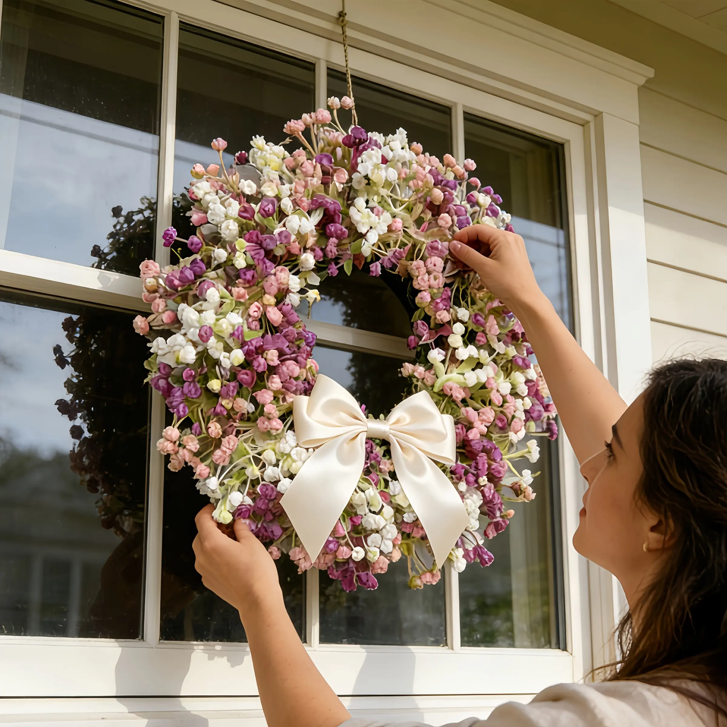 Spring Artificial Bow Full Star Wreath, Decorative Wreath, Home Decor for Windows, Walls, Porches, Bedroom, Perfect for Mother's Day, Weddings, Events, Floral Hanging Ornaments