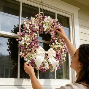 Spring Artificial Bow Full Star Wreath, Home Decor for Windows, Walls, Porches, Bedroom, Perfect for Mother's Day, Weddings, Events
