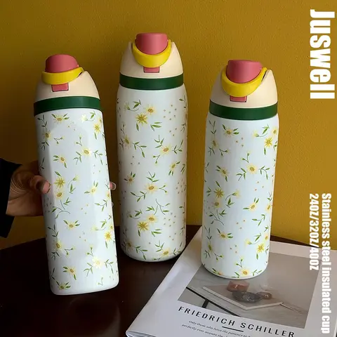 Daisy Pattern Vacuum Flask, 1 Count Stainless Steel Tumblers Portable Large Capacity Insulated Water Bottle Tumbler with Straw, Drinking Cup for Home Office School Outdoor Camping, Insulated Flasks, Drinkware